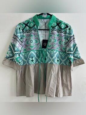 Cezele Women's Top/Blouse with Lace-Up Detail, 3/4 Sleeves Boho/peasant Size:S